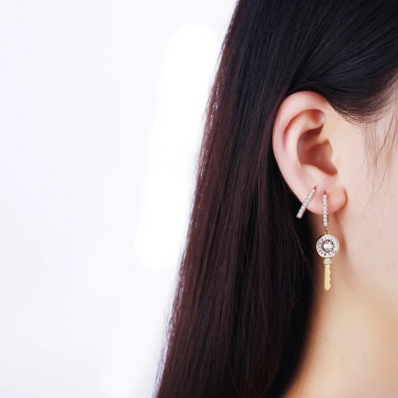 CZ Key Lock Drop Earrings - Picture 5 of 6